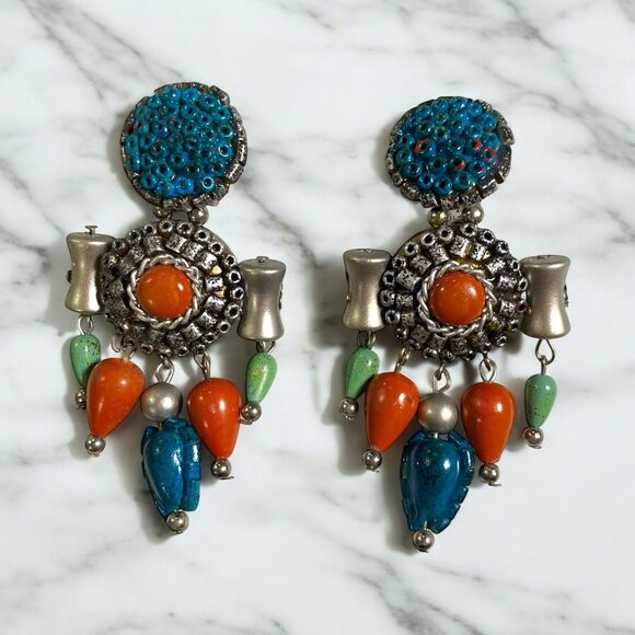 VTG Ladakh Style Clip On Earrings Silver Tone Turquoise Coral Gemstone Drops - Picture 1 of 8